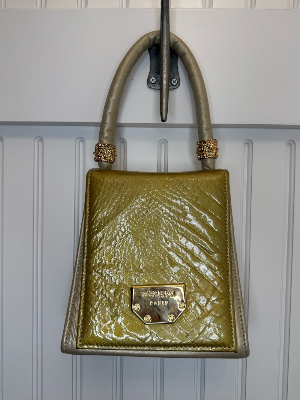 Vintage Nina Ricci Metallic Gold Top-Handle Statement Bag w/ Embossed Textur
